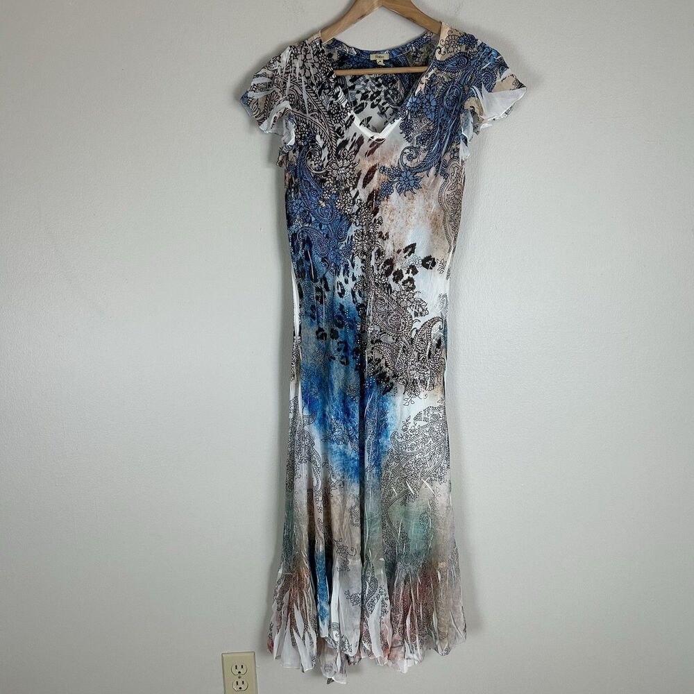 Reba Sz M Y2K Multicolor Crinkle Semi Sheer Midi Dress Stretch Rhinestone Fairy
